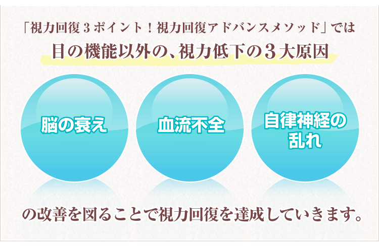 「視力回復3ポイント！　視力回復アドバンスメソッド」では目の機能以外の、視力低下の３大原因
    「脳の衰え」
    「血流不全」
    「自律神経の乱れ」
の改善を図ることで視力回復を達成していきます。
